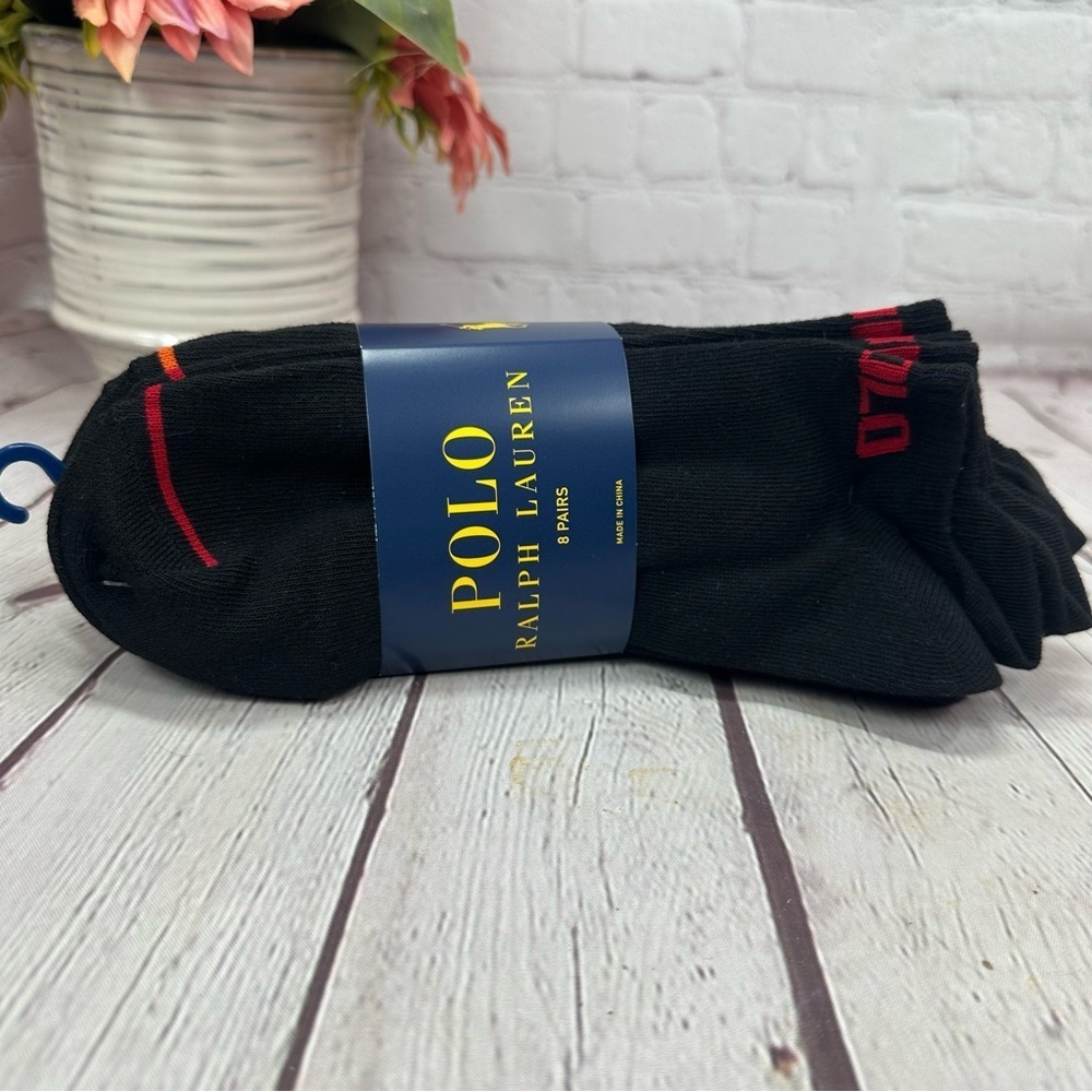 NWT Polo Ralph Lauren Men's Black no show Socks 8pk bright "POLO" logo